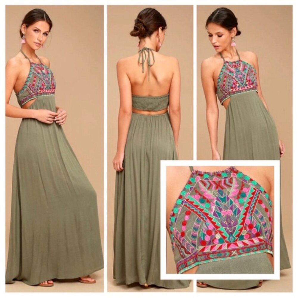 Lulus Little Beach Olive Green Embroidered Maxi Dress
